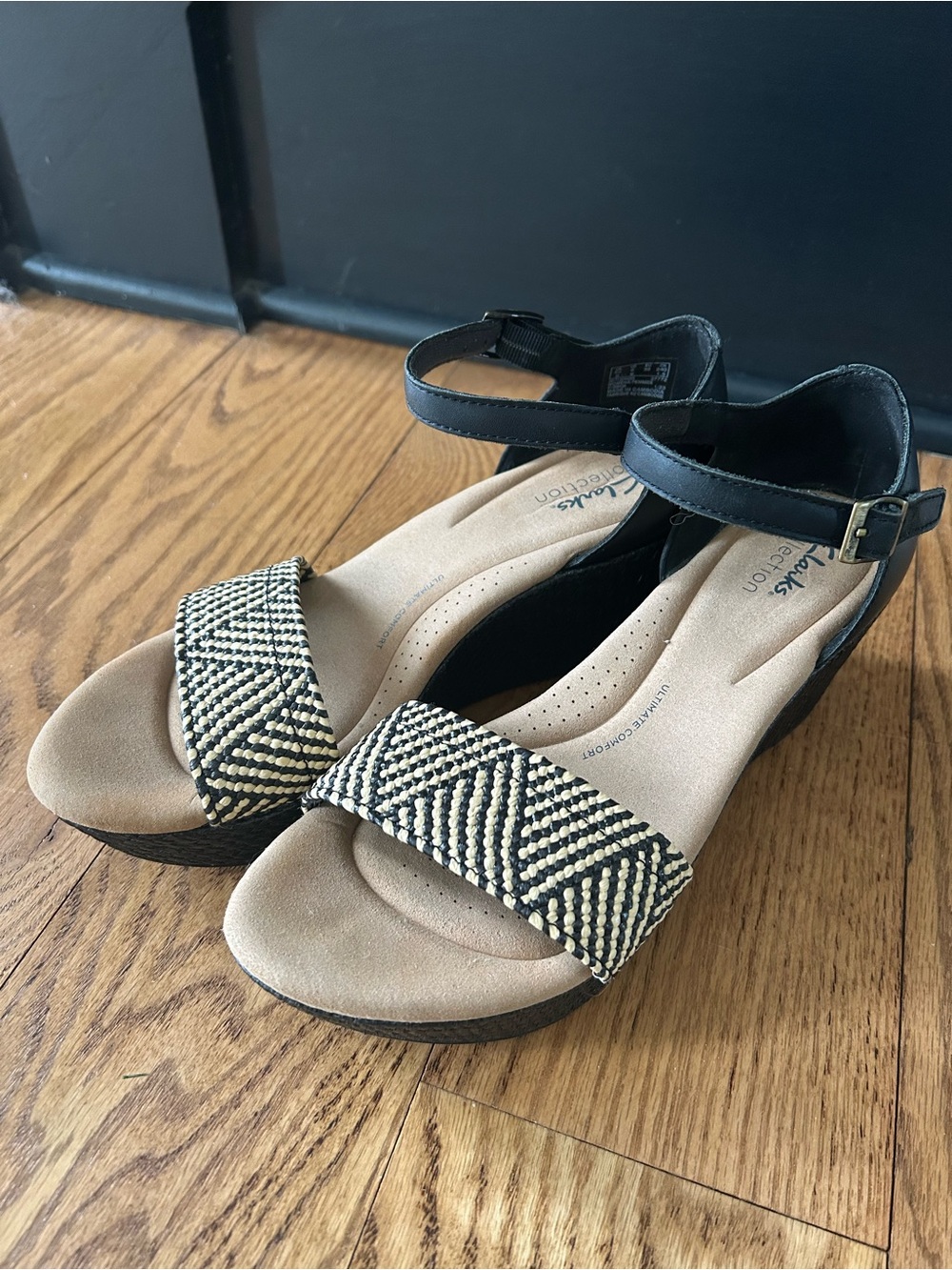 Clarks Black and Cream Woven Strappy Wedge Sandals